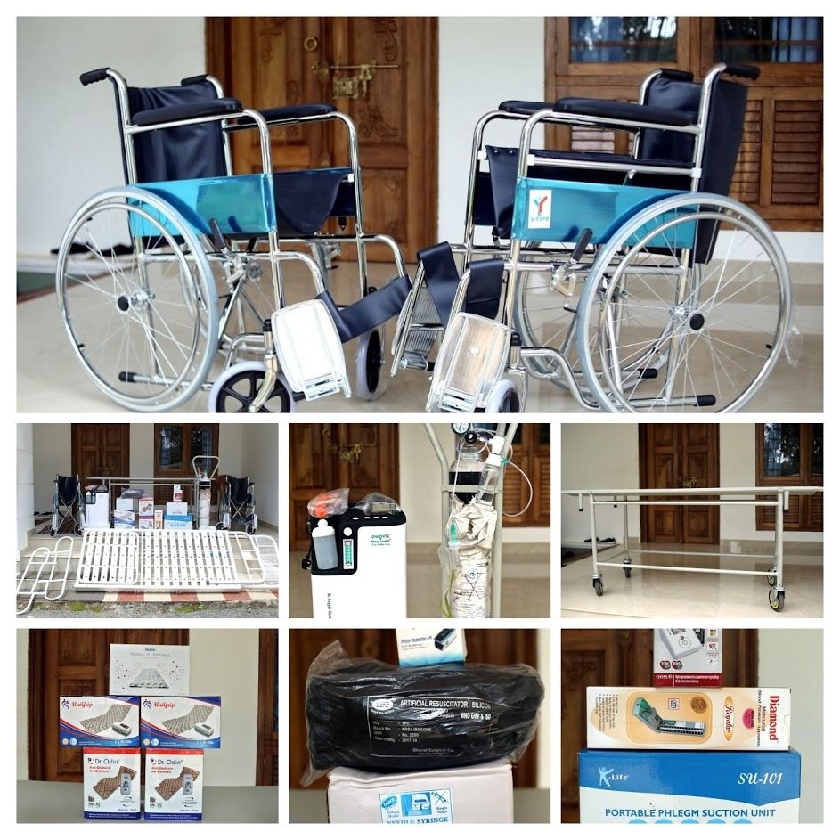 Medical equipment delivered for Santhwanam Palliative, including wheelchairs and oxygen concentrators