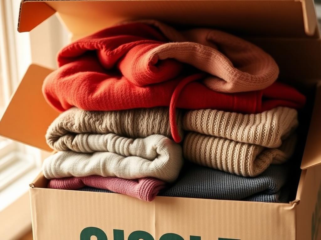 Warm jackets, sweaters and hoodies folded inside a donation box